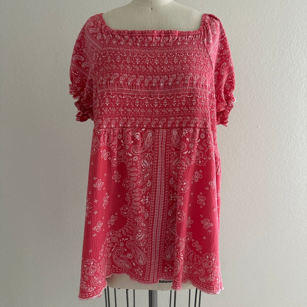 Roz & Ali Blouse Woman 2X Coral Pink Paisley Bandana Smocked Square Neck Boho